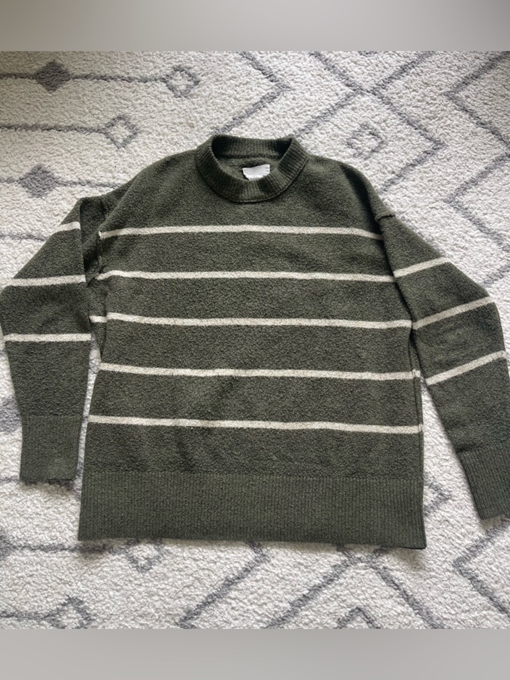 aerie Olive Green Crewneck Sweater with Cream Stripes